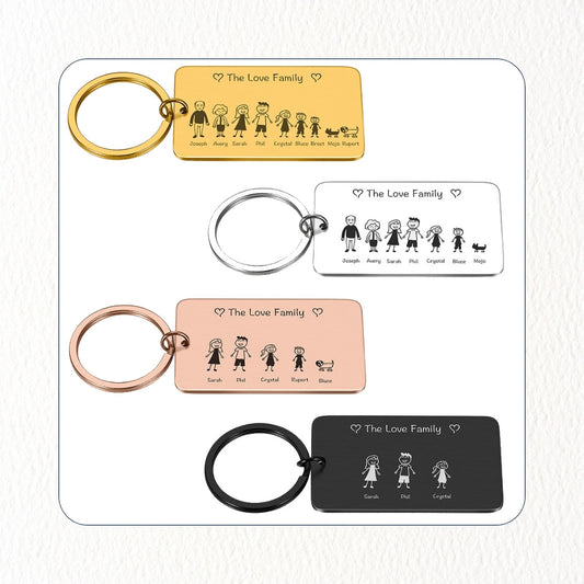 Familien Schlüsselanhänger Name + Zeichnung graviert Edelstahl personalisiert · in 4 Varianten + Farben mit Geschenkbox