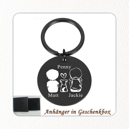 Chril - Schlüsselanhänger Familie Name und Zeichnung Motiv personalisiert individuell Geschenk Weihnachtsgeschenk Familiengeschenk Gravur – Maße eckig 2,7x4,5cm rund 3,0cm Edelstahl Mama Papa Eltern Tochter Sohn Neffe Schwiegersohn Oma Opa Tante Onkel Hund Katze Liebster Valentinstag Erinnerung ganze Familie Familienanhänger Familienmitglieder 9 Personen bestfriend summer sale winter sale Angebot