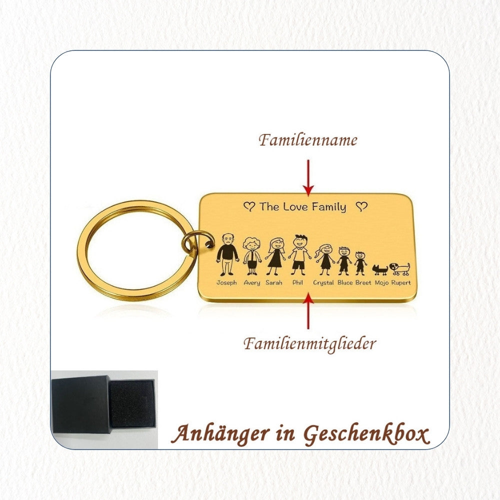 Chril - Schlüsselanhänger Familie Name und Zeichnung Motiv personalisiert individuell Geschenk Weihnachtsgeschenk Familiengeschenk Gravur – Maße eckig 2,7x4,5cm rund 3,0cm Edelstahl Mama Papa Eltern Tochter Sohn Neffe Schwiegersohn Oma Opa Tante Onkel Hund Katze Liebster Valentinstag Erinnerung ganze Familie Familienanhänger Familienmitglieder 9 Personen bestfriend summer sale winter sale Angebot