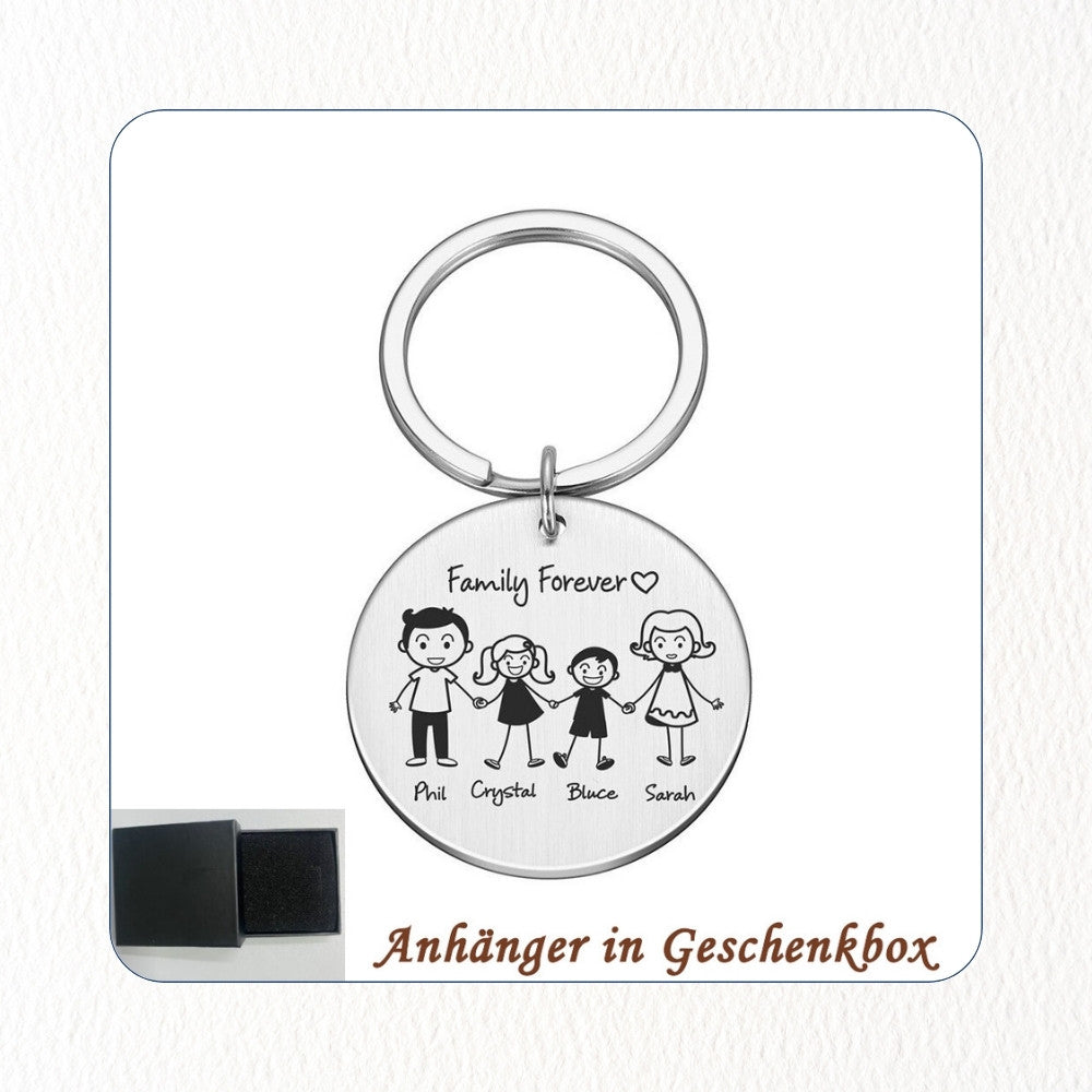 Chril - Schlüsselanhänger Familie Name und Zeichnung Motiv personalisiert individuell Geschenk Weihnachtsgeschenk Familiengeschenk Gravur – Maße eckig 2,7x4,5cm rund 3,0cm Edelstahl Mama Papa Eltern Tochter Sohn Neffe Schwiegersohn Oma Opa Tante Onkel Hund Katze Liebster Valentinstag Erinnerung ganze Familie Familienanhänger Familienmitglieder 9 Personen bestfriend summer sale winter sale Angebot