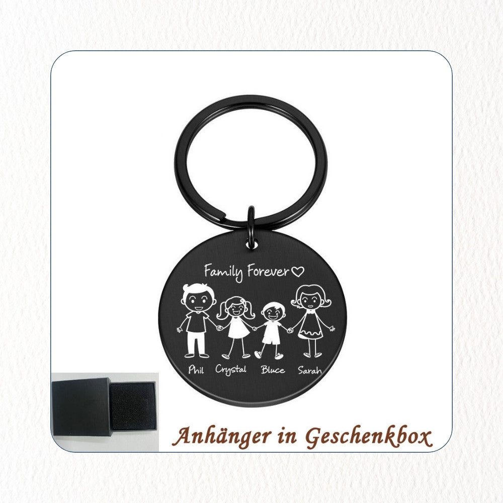 Chril - Schlüsselanhänger Familie Name und Zeichnung Motiv personalisiert individuell Geschenk Weihnachtsgeschenk Familiengeschenk Gravur – Maße eckig 2,7x4,5cm rund 3,0cm Edelstahl Mama Papa Eltern Tochter Sohn Neffe Schwiegersohn Oma Opa Tante Onkel Hund Katze Liebster Valentinstag Erinnerung ganze Familie Familienanhänger Familienmitglieder 9 Personen bestfriend summer sale winter sale Angebot