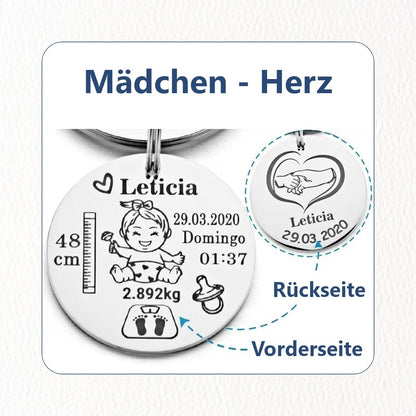 Chril - Schlüsselanhänger Baby Neugeborenes Schlüsselanhänger personalisiert Name Maße - 2,5cm Motiv personalisiert individuell Geschenk Weihnachtsgeschenk Gravur Edelstahl rund Geburtsdatum Geburtsdaten graviert Mama Papa Eltern Tochter Sohn Neffe Schwiegersohn Erinnerung Liebe Gedenken Geburt Elternzeit einzigartig Gewicht Größe Höhe Junge Mädchen Babyboy Babygirl Anhänger