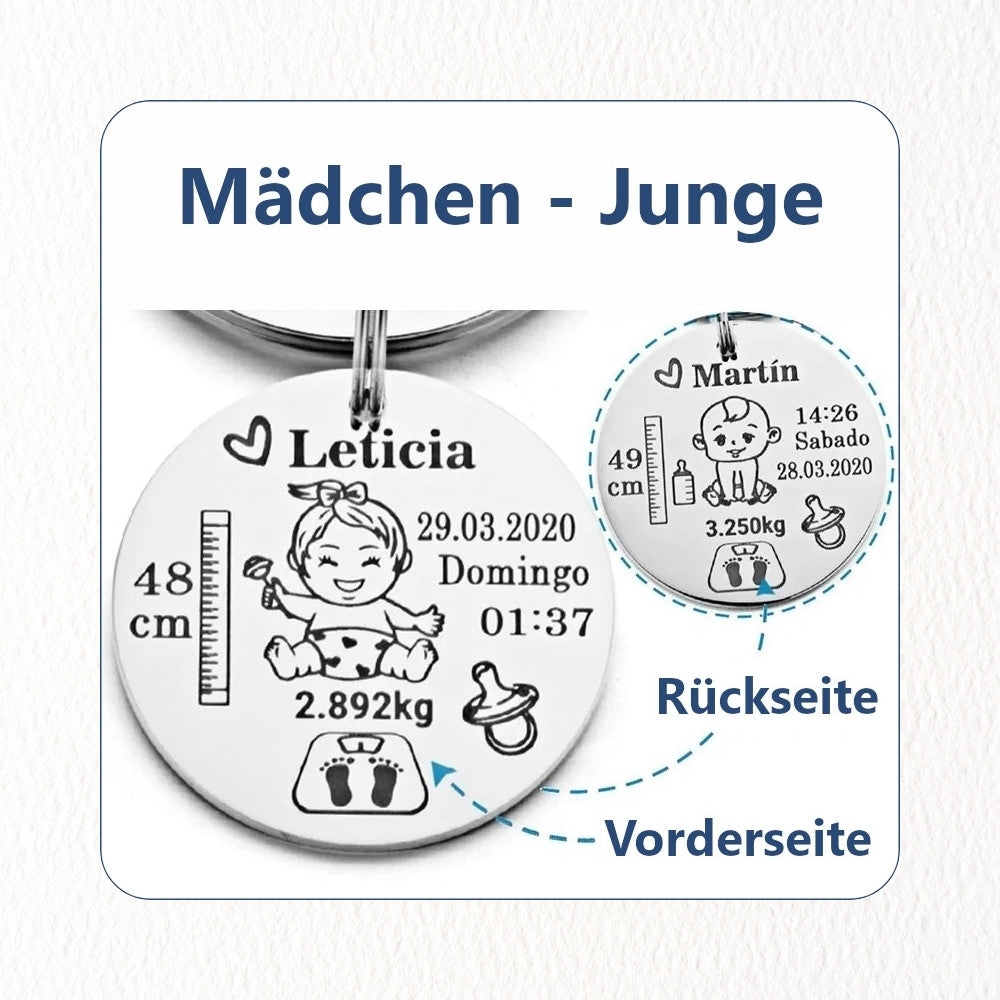 Chril - Schlüsselanhänger Baby Neugeborenes Schlüsselanhänger personalisiert Name Maße - 2,5cm Motiv personalisiert individuell Geschenk Weihnachtsgeschenk Gravur Edelstahl rund Geburtsdatum Geburtsdaten graviert Mama Papa Eltern Tochter Sohn Neffe Schwiegersohn Erinnerung Liebe Gedenken Geburt Elternzeit einzigartig Gewicht Größe Höhe Junge Mädchen Babyboy Babygirl Anhänger