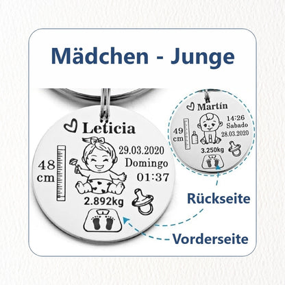 Chril - Schlüsselanhänger Baby Neugeborenes Schlüsselanhänger personalisiert Name Maße - 2,5cm Motiv personalisiert individuell Geschenk Weihnachtsgeschenk Gravur Edelstahl rund Geburtsdatum Geburtsdaten graviert Mama Papa Eltern Tochter Sohn Neffe Schwiegersohn Erinnerung Liebe Gedenken Geburt Elternzeit einzigartig Gewicht Größe Höhe Junge Mädchen Babyboy Babygirl Anhänger