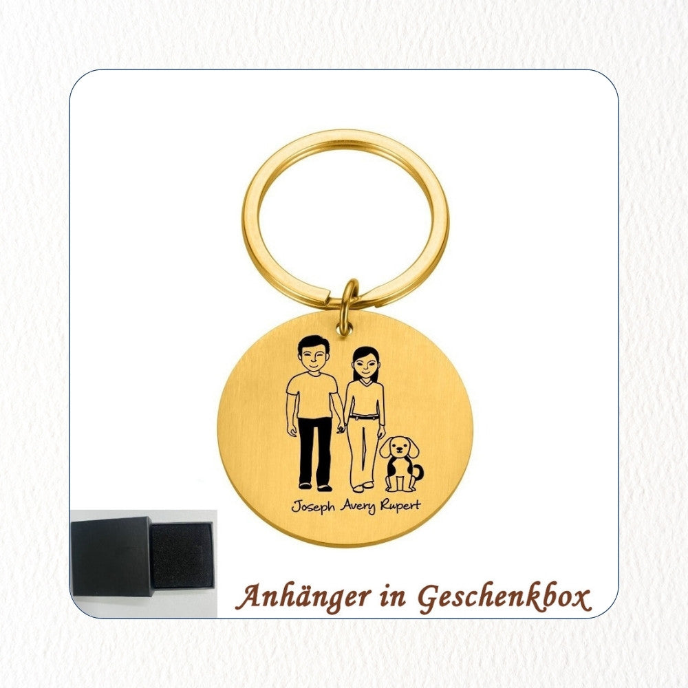 Chril - Schlüsselanhänger Familie Name und Zeichnung Motiv personalisiert individuell Geschenk Weihnachtsgeschenk Familiengeschenk Gravur – Maße eckig 2,7x4,5cm rund 3,0cm Edelstahl Mama Papa Eltern Tochter Sohn Neffe Schwiegersohn Oma Opa Tante Onkel Hund Katze Liebster Valentinstag Erinnerung ganze Familie Familienanhänger Familienmitglieder 9 Personen bestfriend summer sale winter sale Angebot